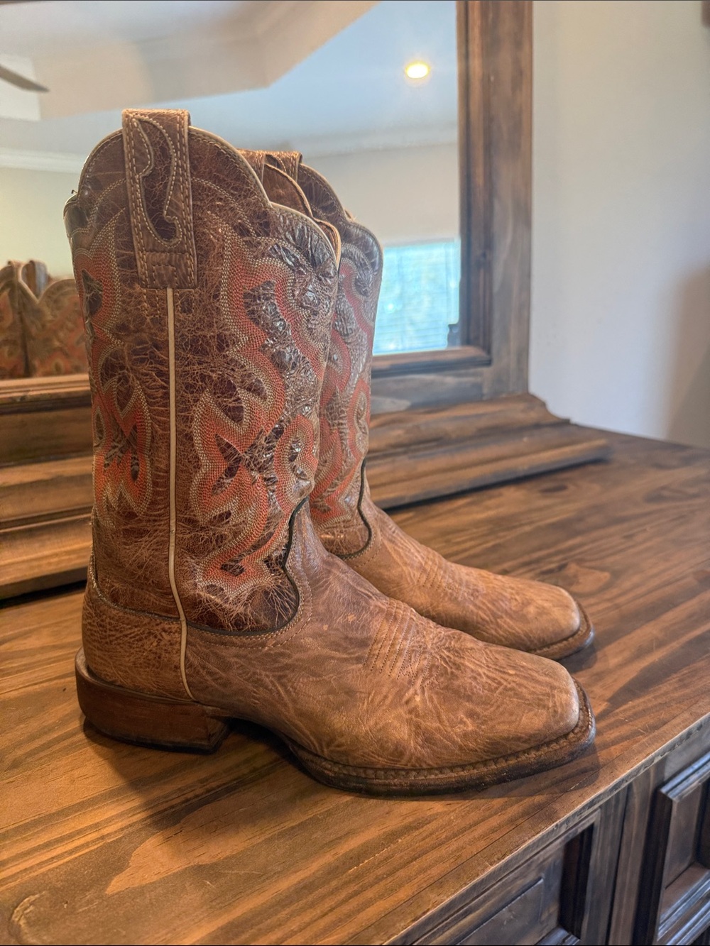 Ariat Brown Leather Western Boots with Orange Accents